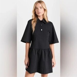 GANNI Short Sleeve Black Pinstripe Stretch Mini Shirt Dress Size 36 - US 4